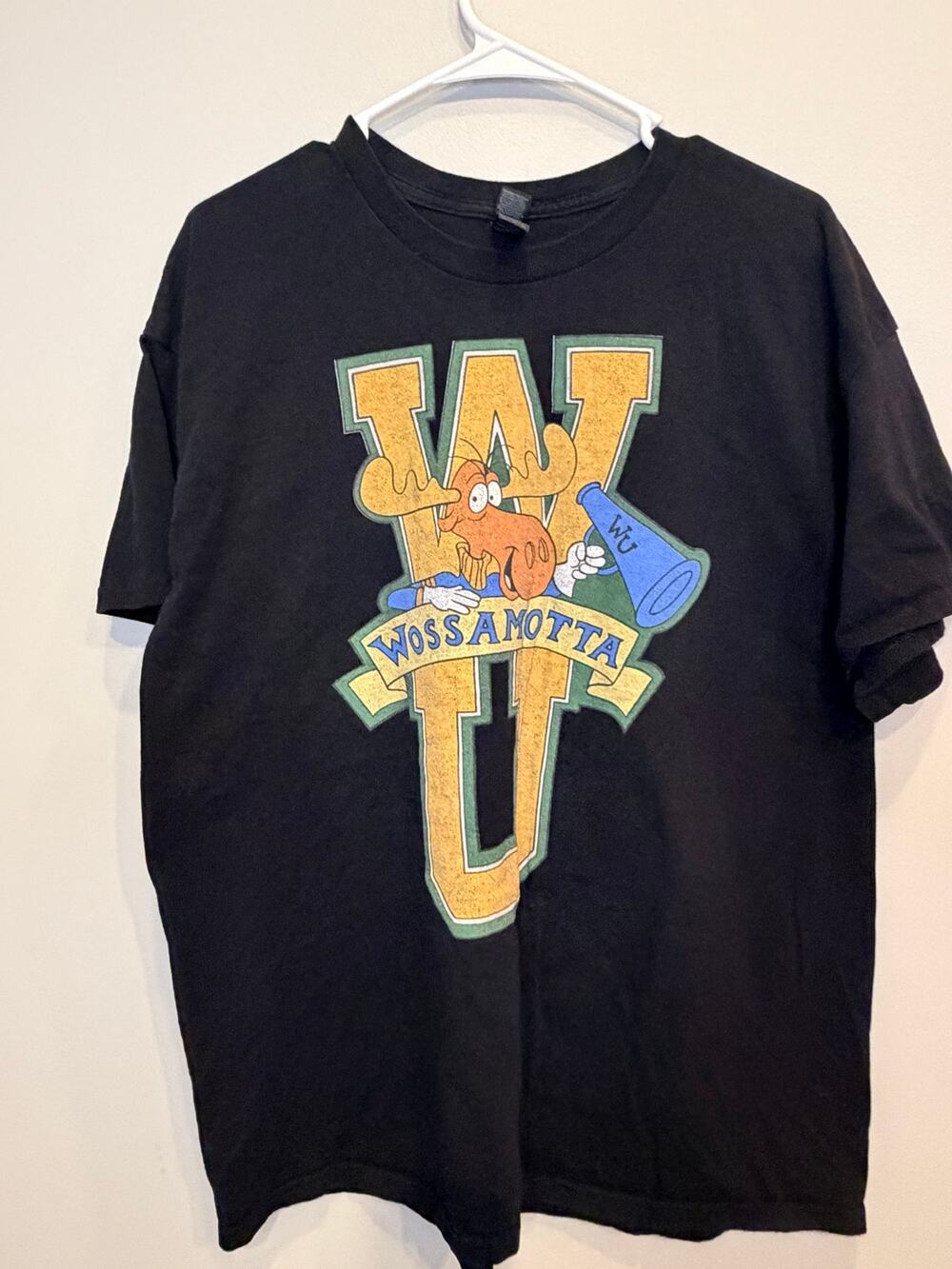 Vintage Rocky and Bullwinkle "Wossamotta U" graphic t-shirt in black Sz XL
